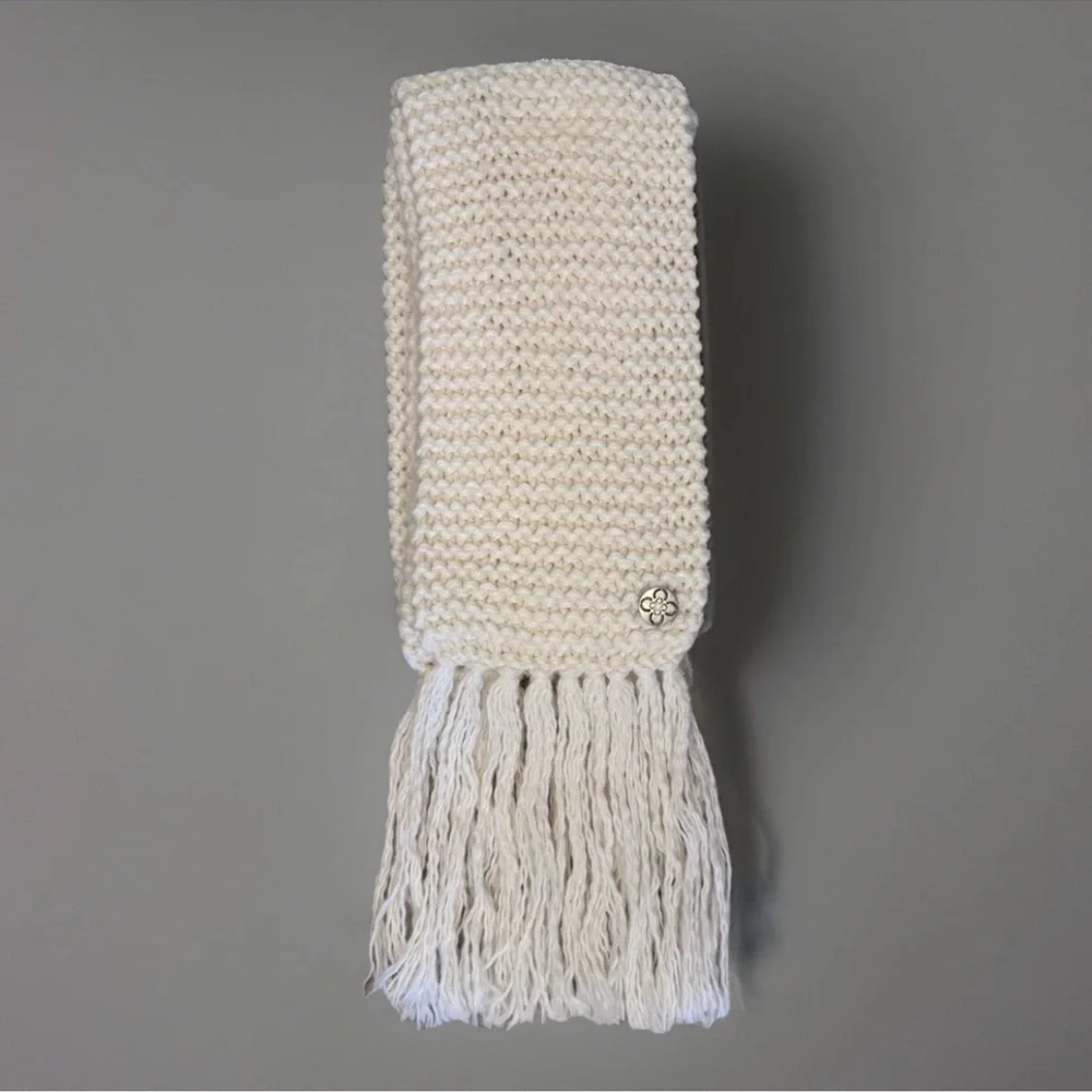 Charter Club Alpaca Blend Knit Scarf Long Ivory Fringe Button Boho Classic Prep